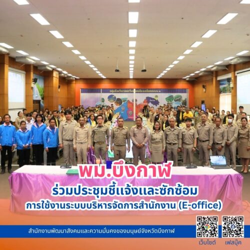 พม.บึงกาฬ ร่วมประชุมชี้เเจ้งเเละซักซ้อมการใช้งานระบบบริหารจัดการสำนักงาน (E-office) เพื่อยกระดับจังหวัดบึงกาฬสู่เมืองอัจฉริยะ (Smart City)