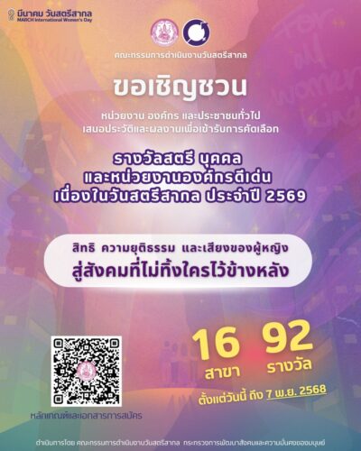 📣 ข่าวประชาสัมพันธ์ 🎯 ขอเชิญชวนหน่วยงาน องค์กร และประชาชนทั่วไป เสนอชื่อ “สตรี บุคคล และหน่วยงานองค์กรดีเด่น” เนื่องในโอกาส วันสตรีสากล ประจำปี 2569